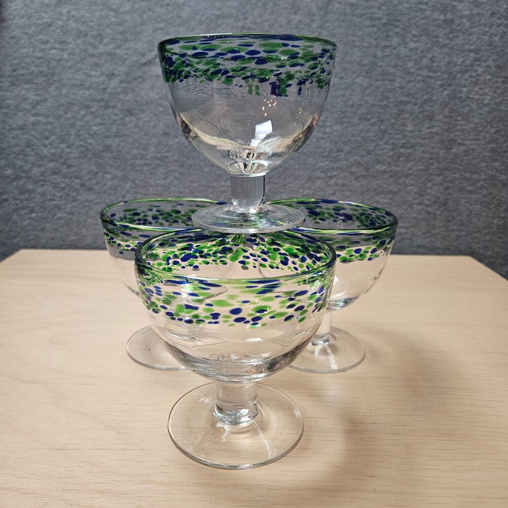 VTG Set of 4 Mexican Hand Blown Dessert Glasses Blue Green Pebble Confetti Bowls